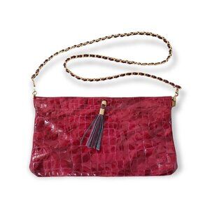 Miss Mak Montreal Pink Patent Leather Croc Embossed Clutch Chain Strap